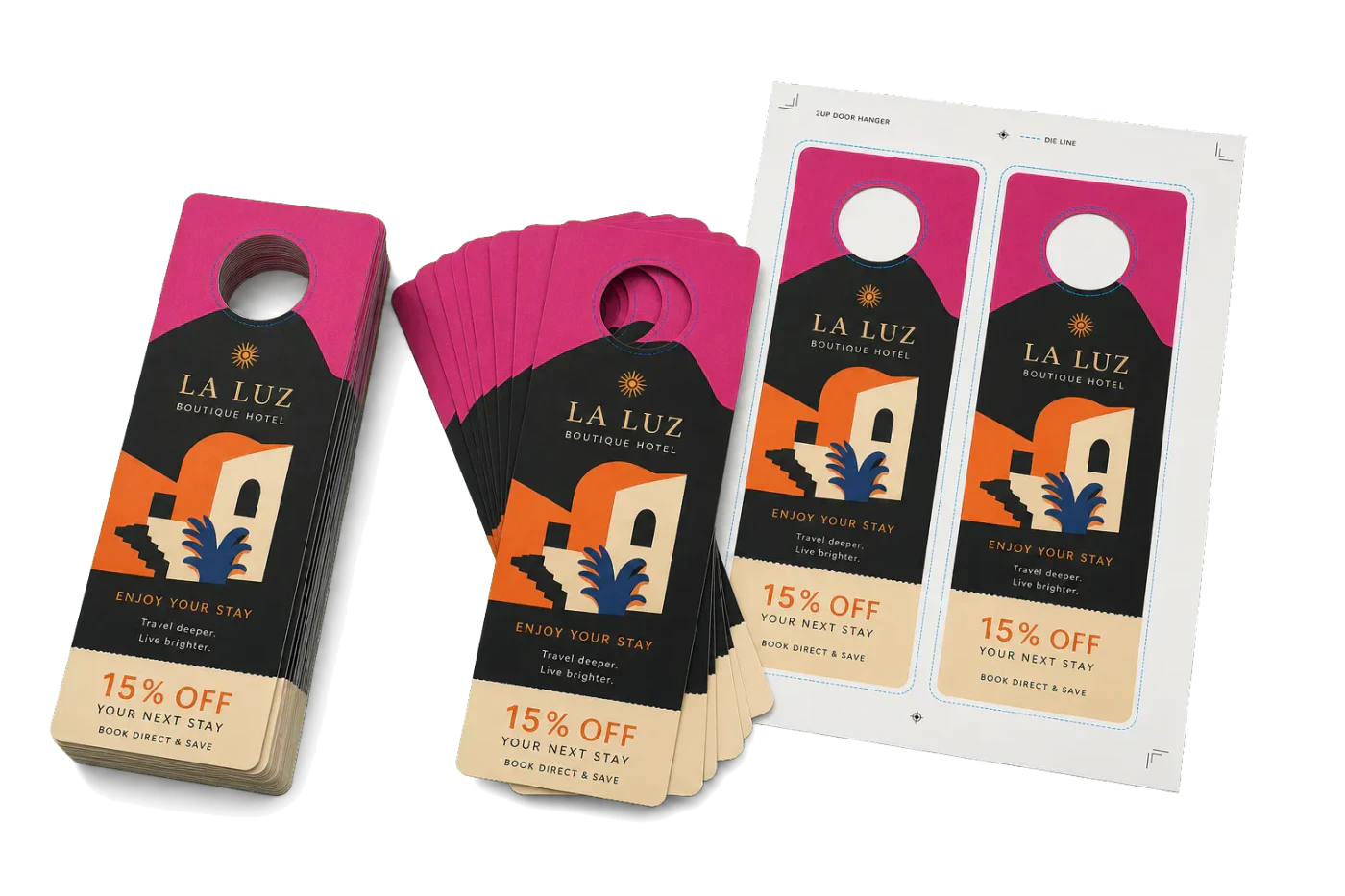 2-Up Door Hangers finished print product beside its press-ready imposed sheet