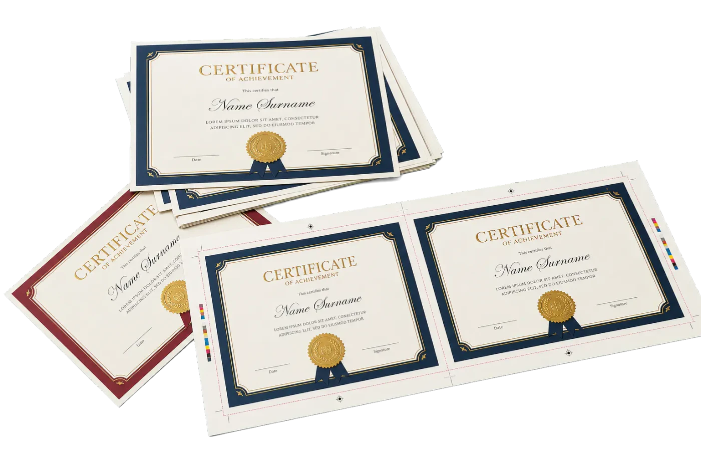 Certificate 2-Up finished print product beside its press-ready imposed sheet