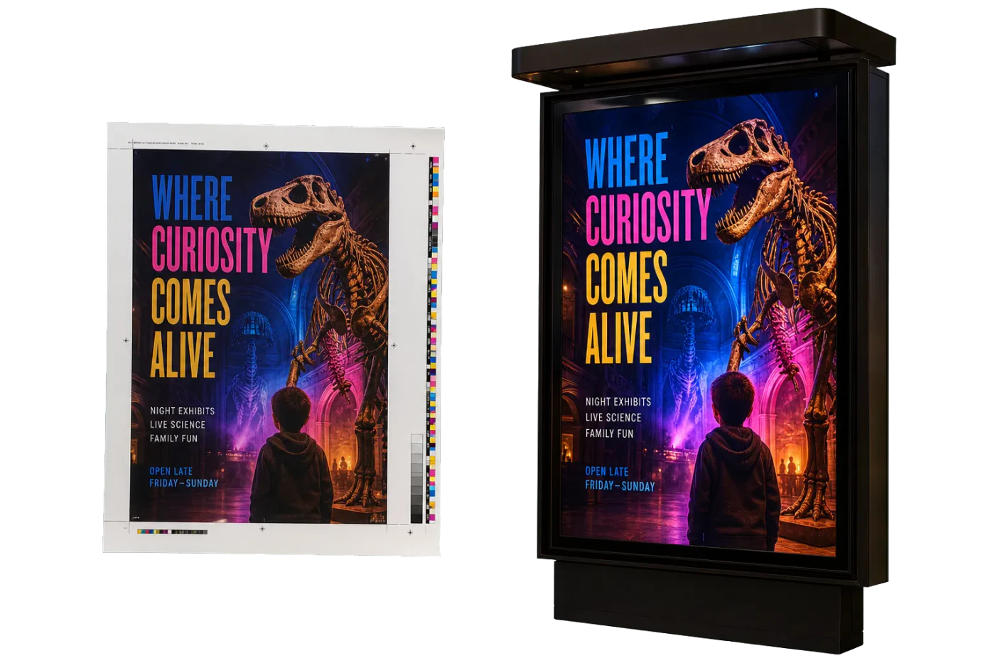 Bus Shelter Poster (46×67") finished print product beside its press-ready imposed sheet
