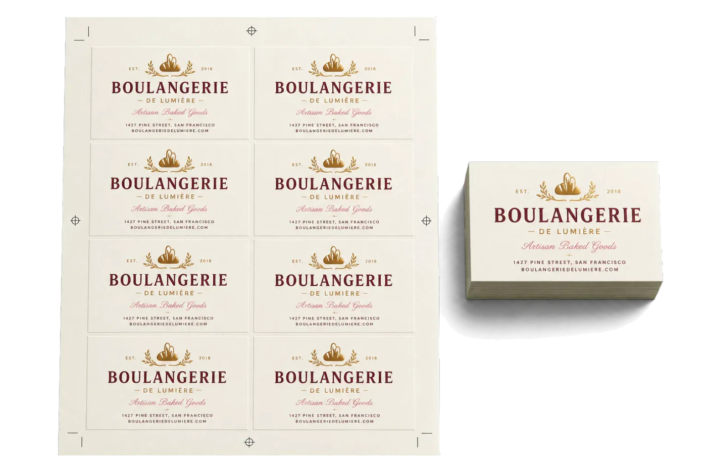 Business Card 8-Up (Step & Repeat) finished print product beside its press-ready imposed sheet