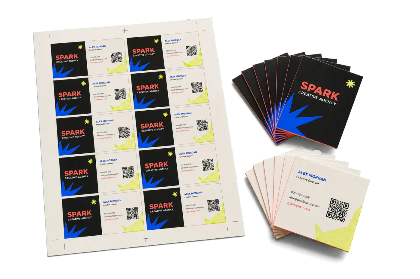 Business Cards with QR Code finished print product beside its press-ready imposed sheet