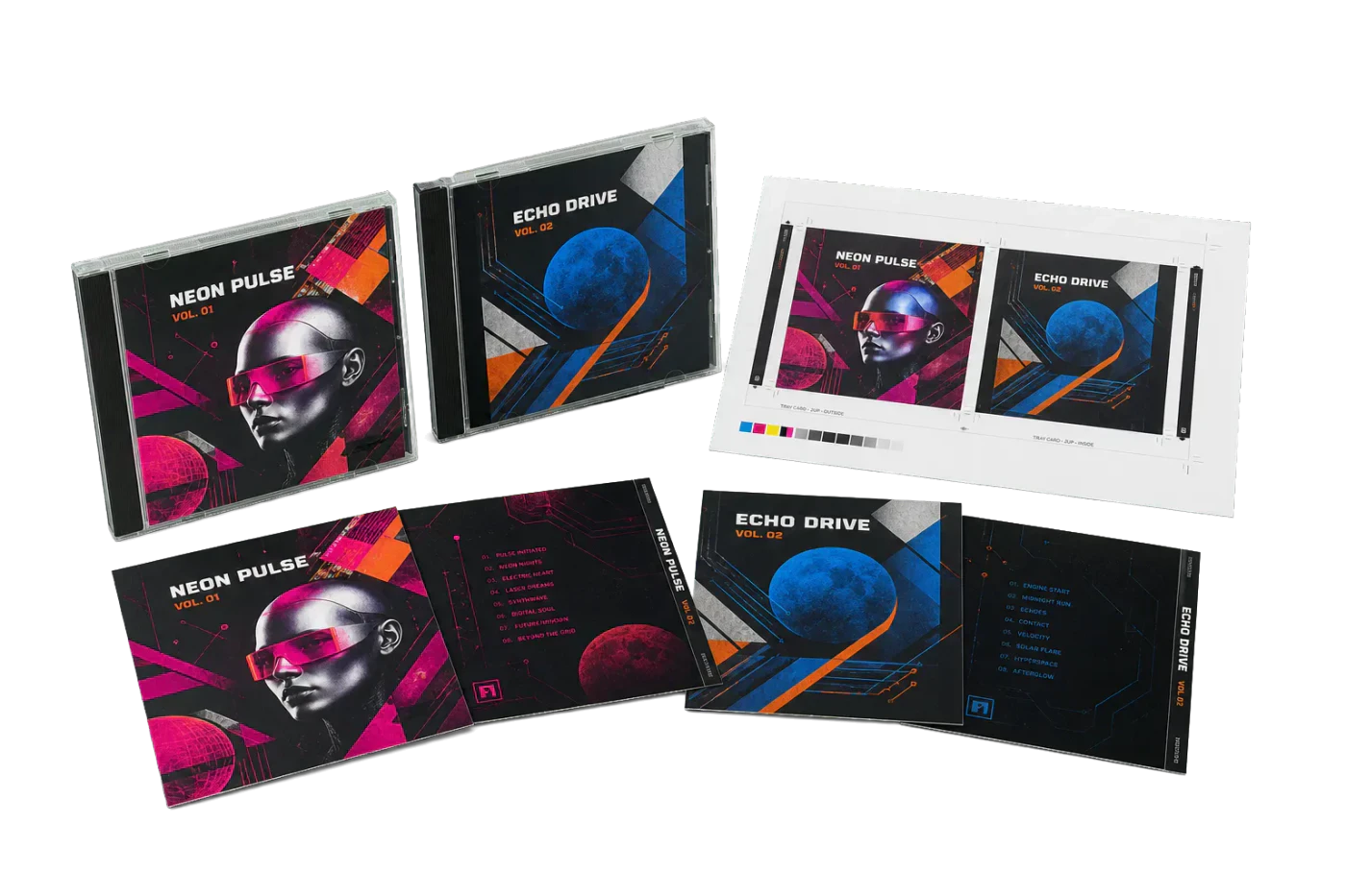 CD Tray Card 2-Up finished print product beside its press-ready imposed sheet
