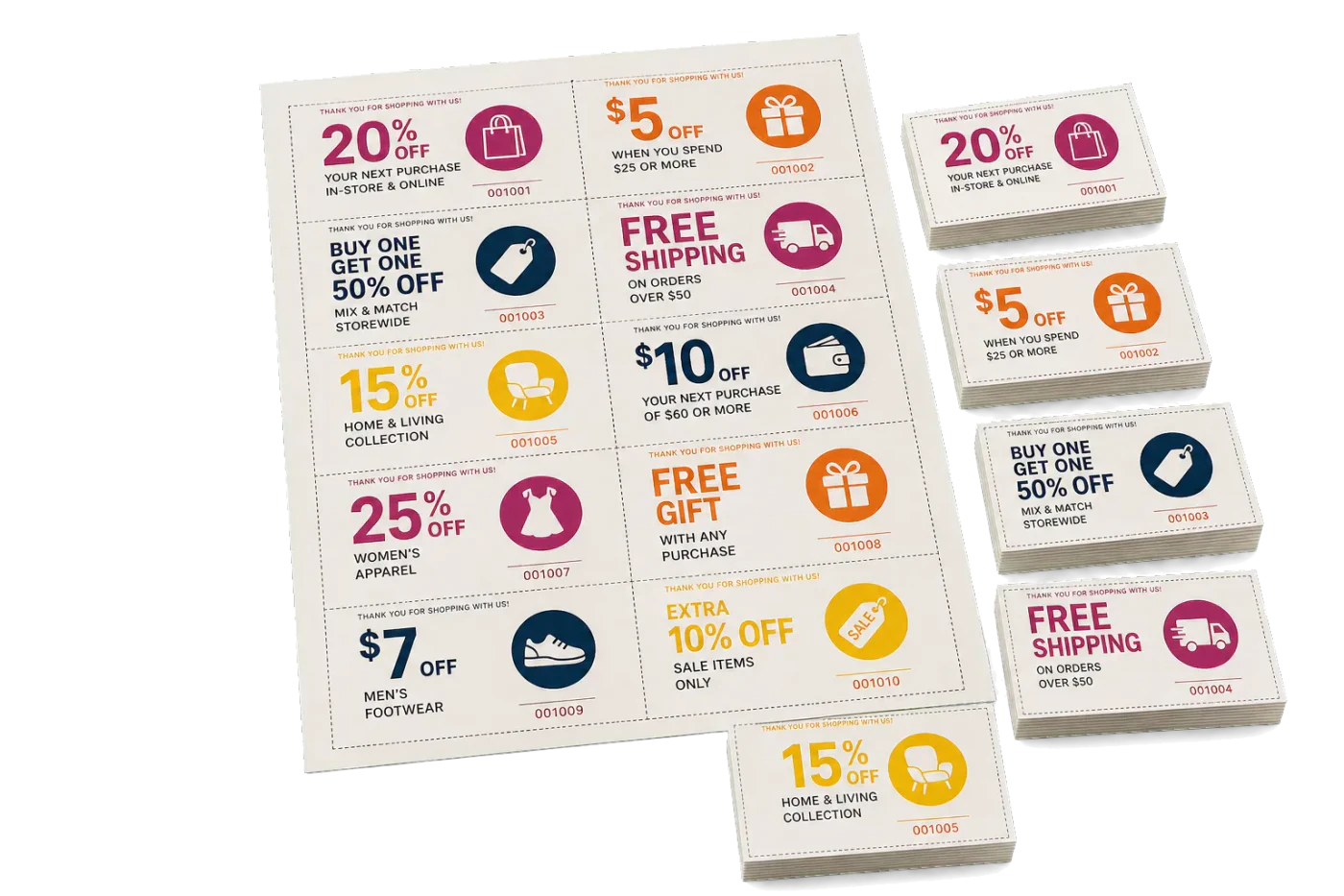 Coupon Sheets (10-Up) finished print product beside its press-ready imposed sheet