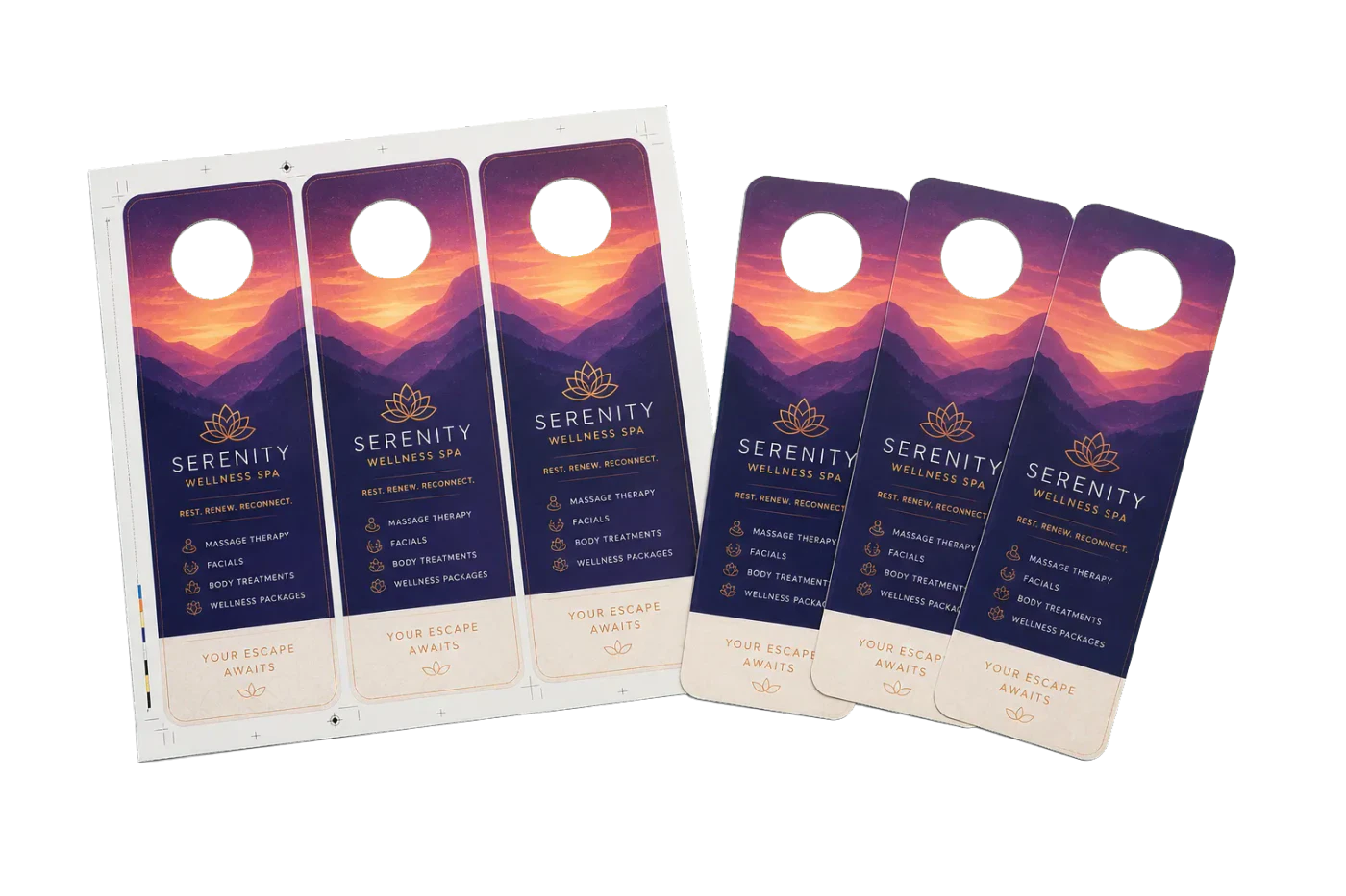 3-Up Door Hangers finished print product beside its press-ready imposed sheet