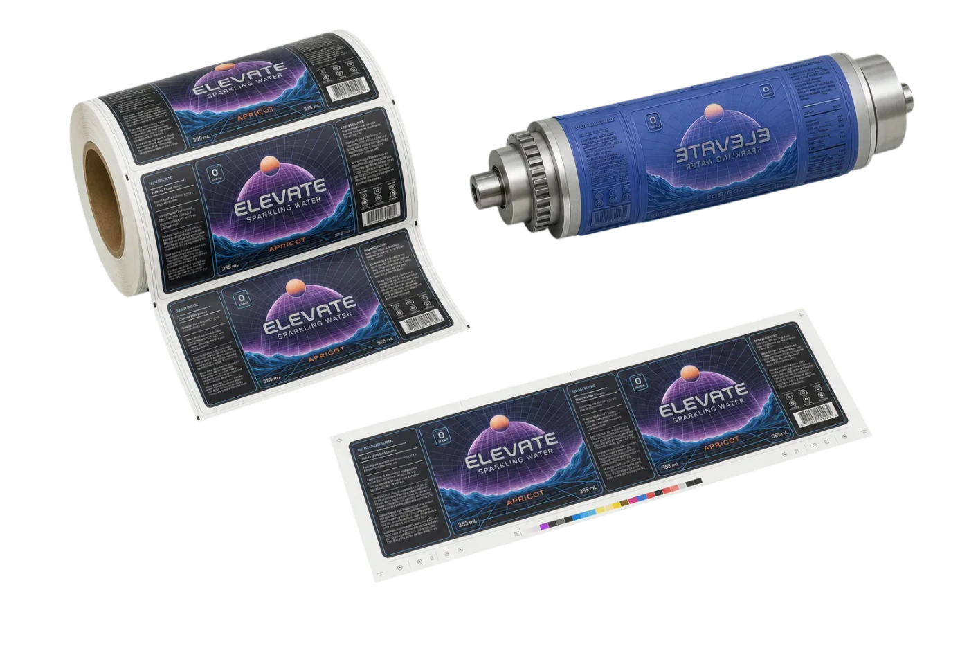 Flexo Label Roll with Cylinder Distortion finished print product beside its press-ready imposed sheet