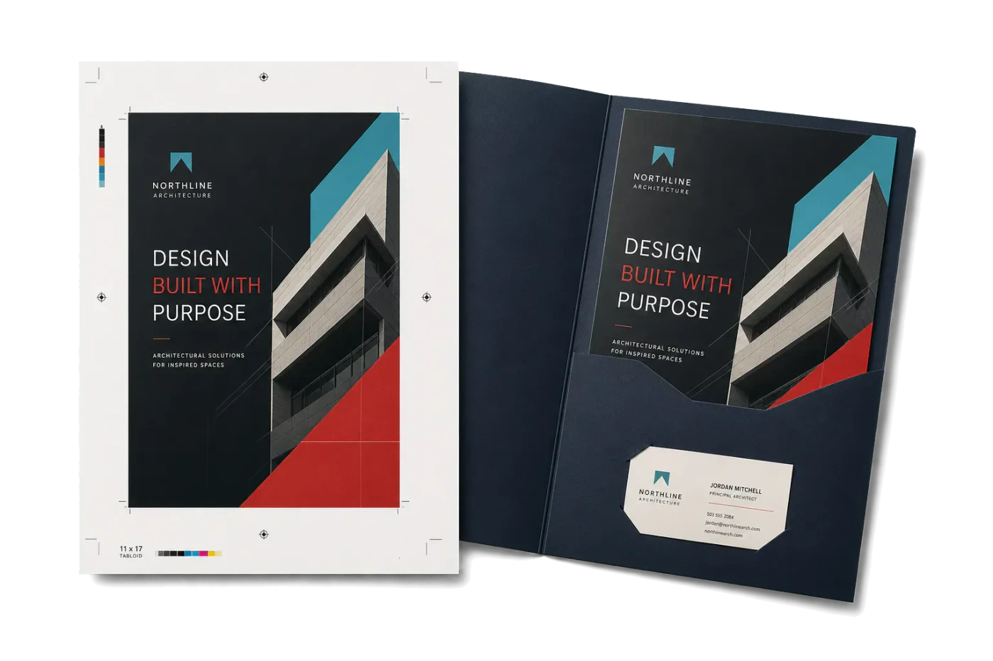 Folder Insert (Tabloid) finished print product beside its press-ready imposed sheet