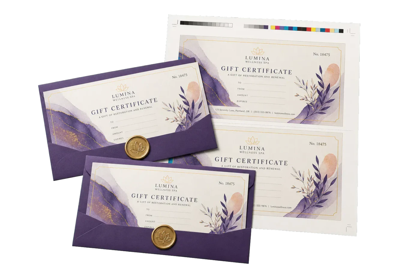 2-Up Gift Certificates (5×7") finished print product beside its press-ready imposed sheet