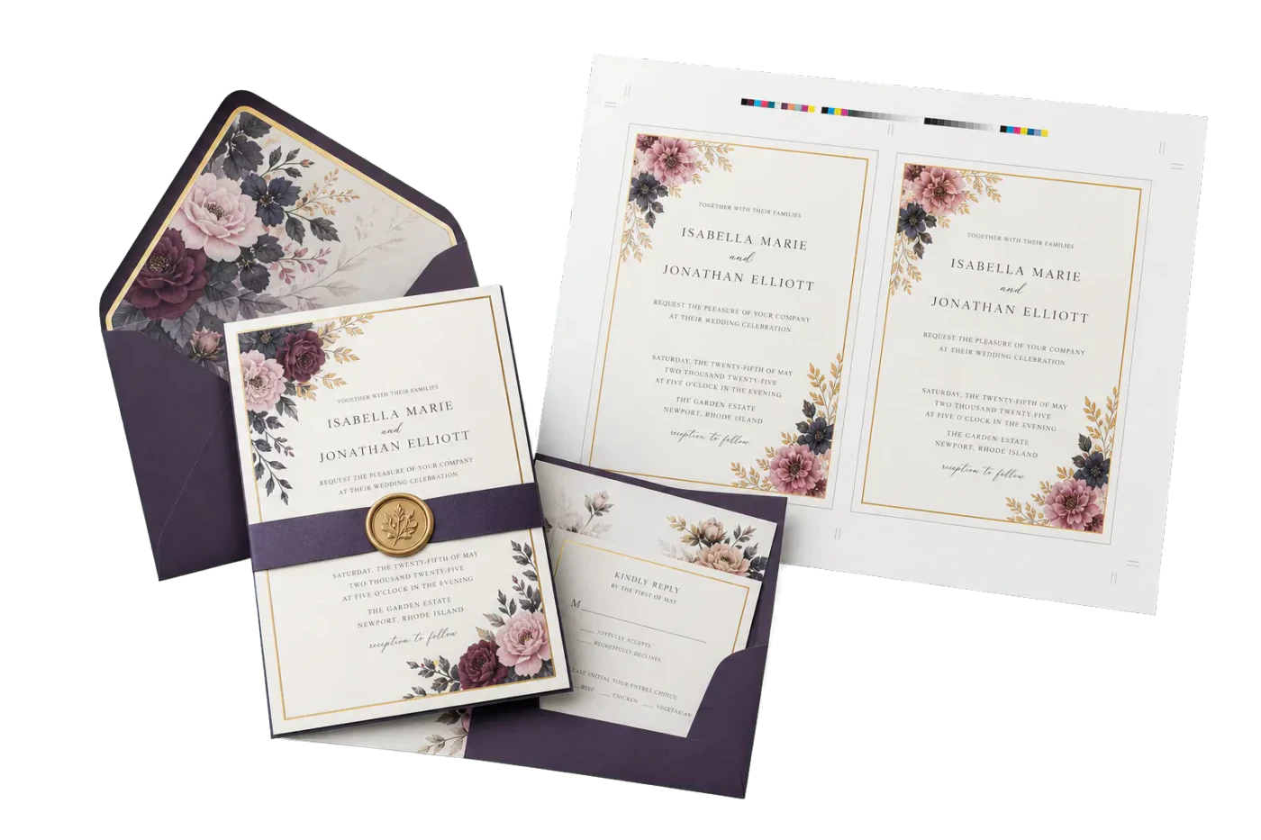 2-Up Invitation Cards (5×7") finished print product beside its press-ready imposed sheet