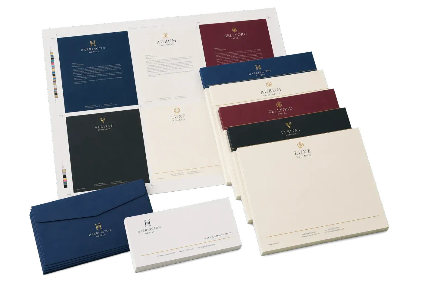 Letterhead Gang Run finished print product beside its press-ready imposed sheet