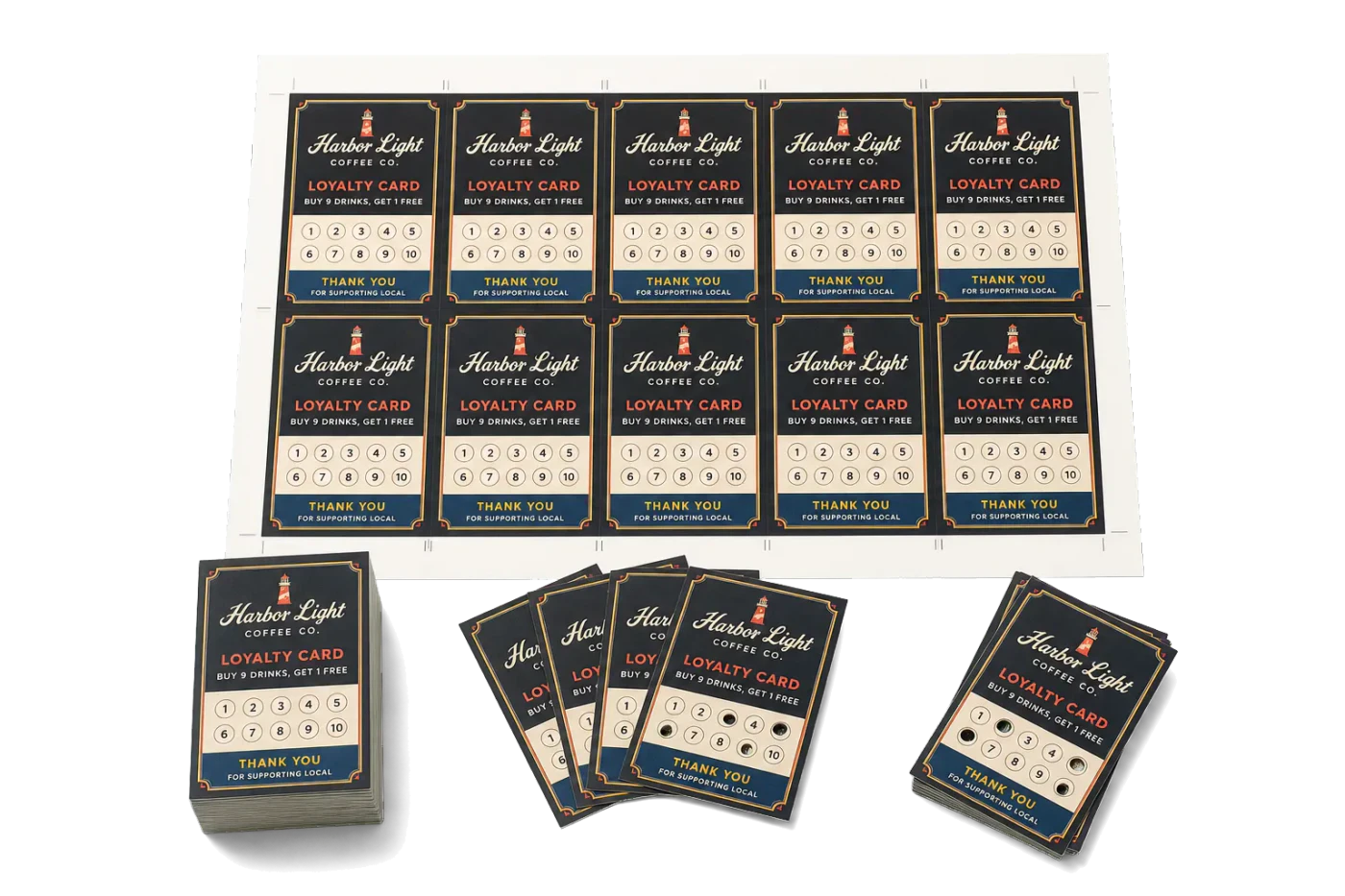 Loyalty/Punch Cards (10-Up) finished print product beside its press-ready imposed sheet
