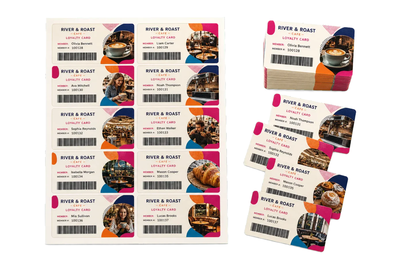 Loyalty Cards (Code 128) finished print product beside its press-ready imposed sheet