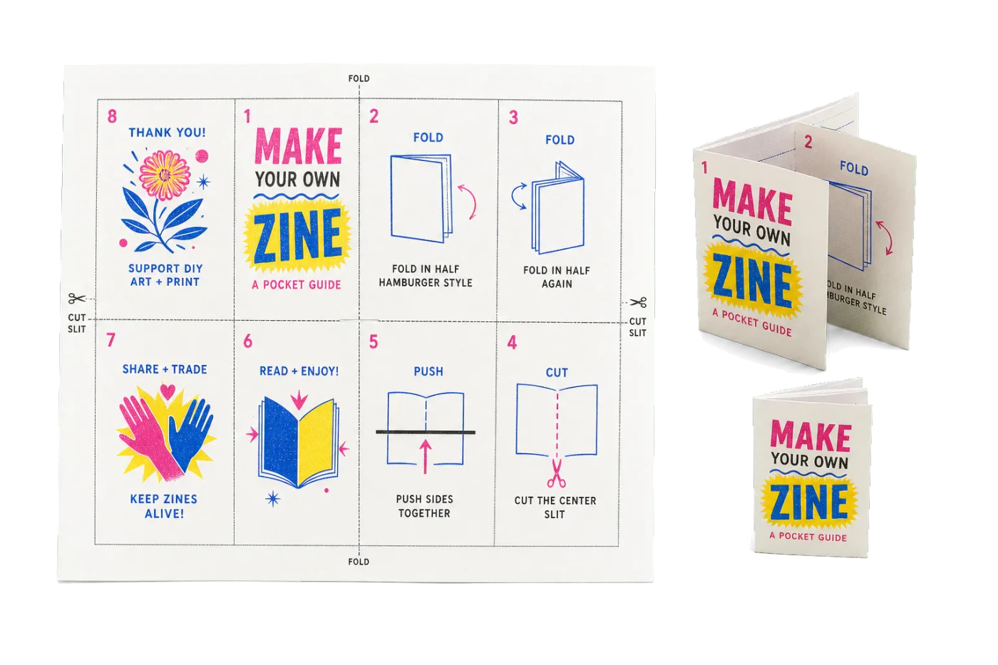 One-Sheet 8-Page Zine realistic print production example