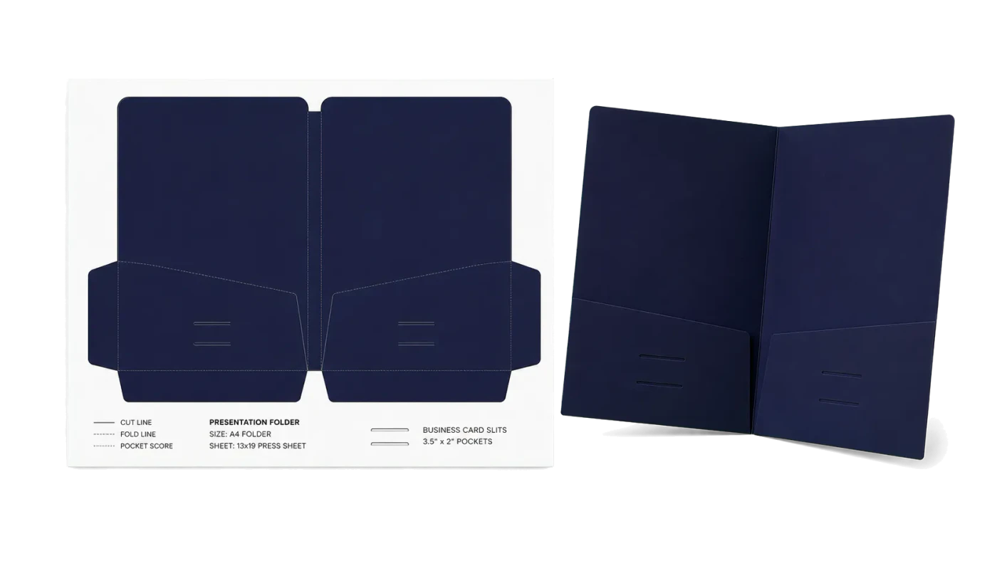 Presentation Folder Dieline (A4 Pocket) realistic print production example