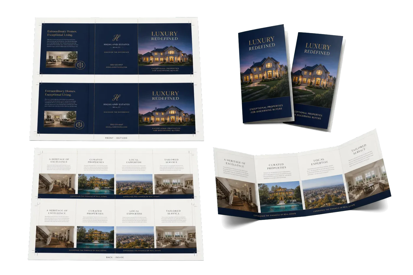 Property Brochure Tri-Fold 2-Up finished print product beside its press-ready imposed sheet