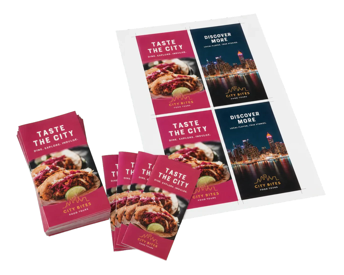 4-Up Rack Cards (3.5×7") finished print product beside its press-ready imposed sheet