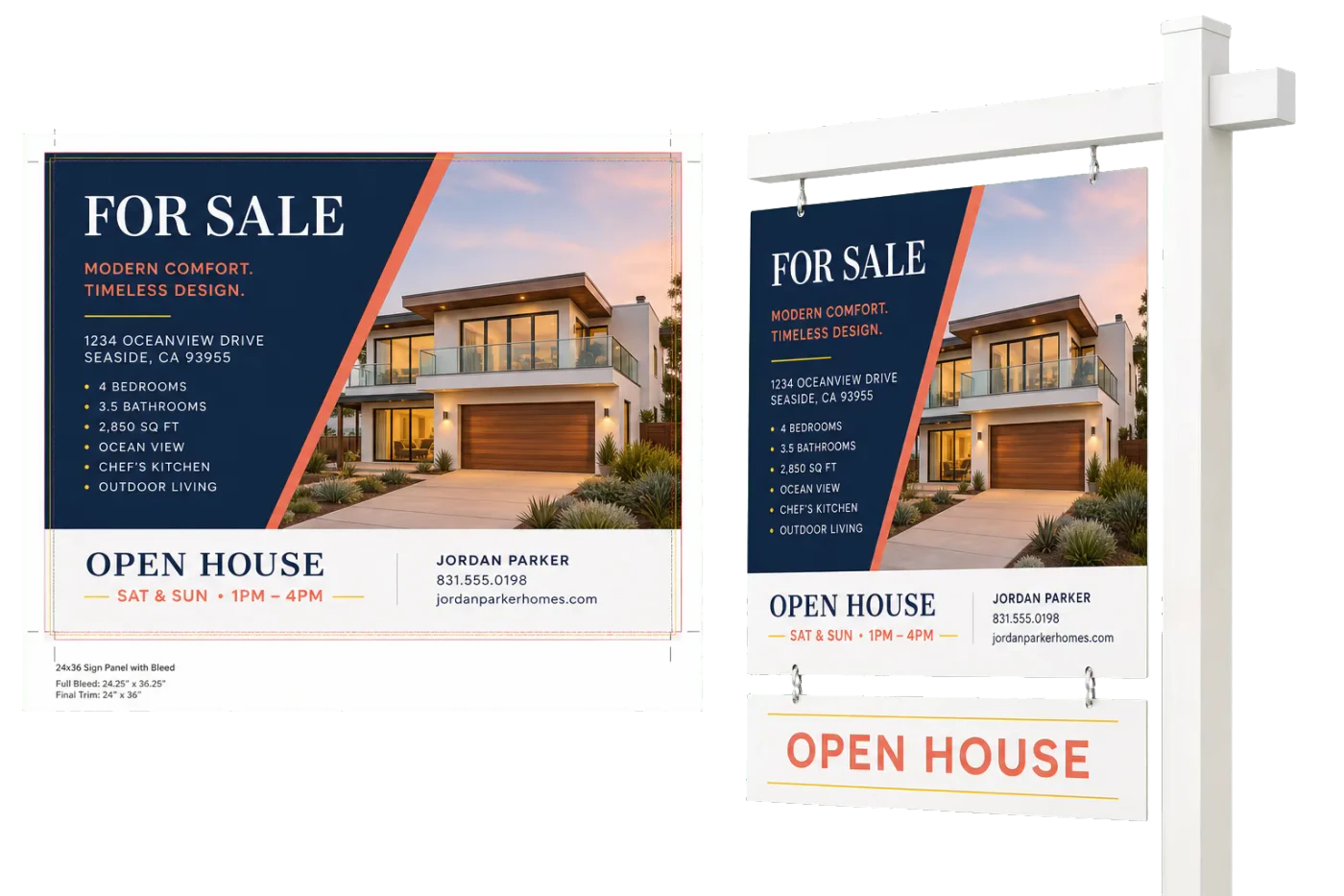 Real Estate Signs (24×36") finished print product beside its press-ready imposed sheet