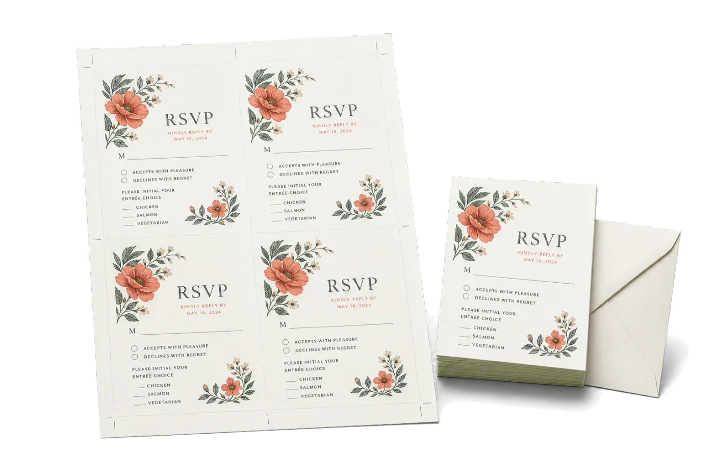 RSVP Cards (4-Up, 3.5×5") finished print product beside its press-ready imposed sheet