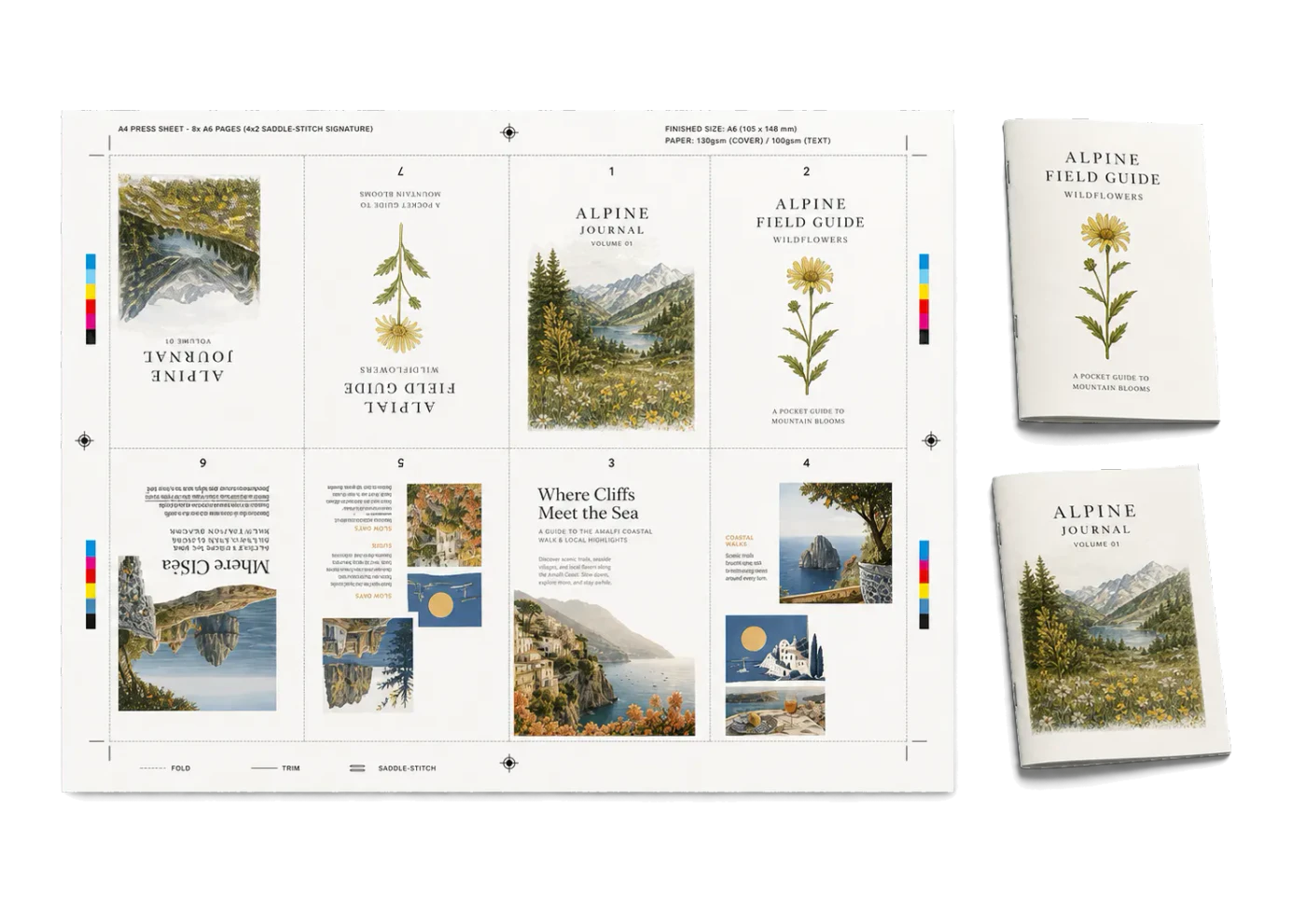 Saddle-Stitch A6 Mini Booklet (8-Up) realistic print production example