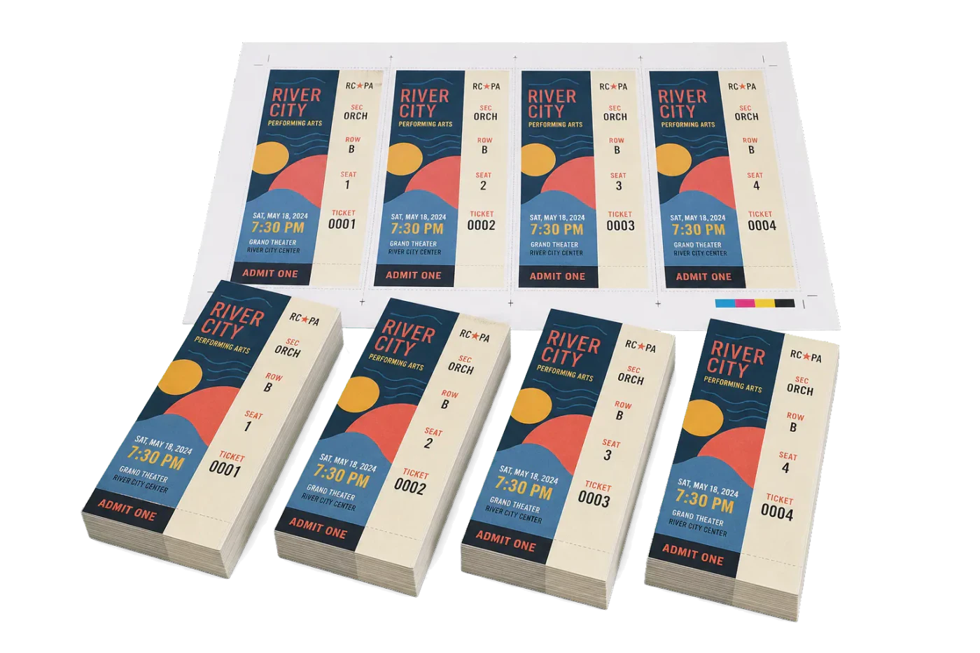 4-Up Ticket Strips finished print product beside its press-ready imposed sheet