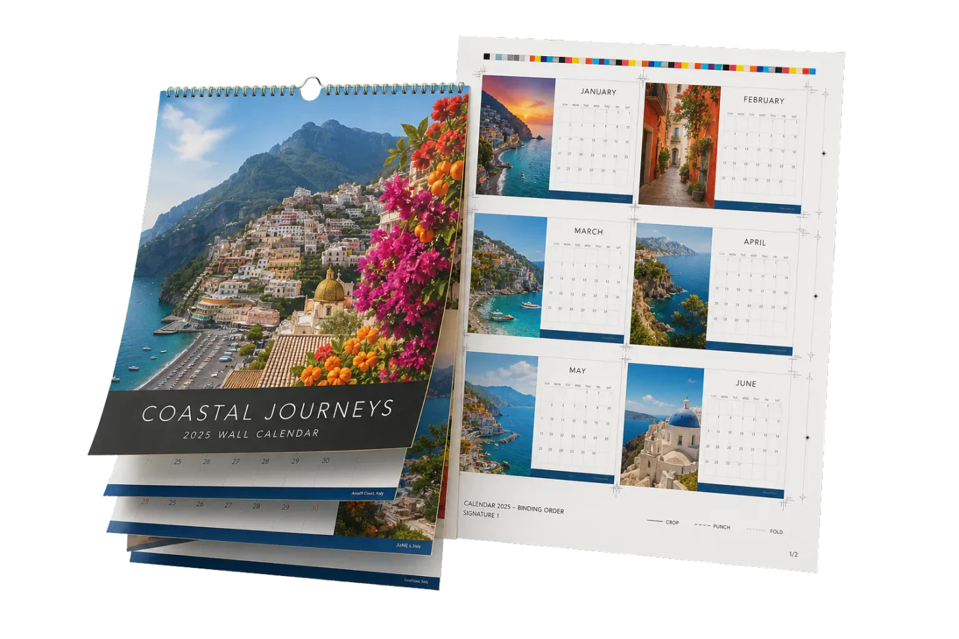 Wall Calendar Signatures finished print product beside its press-ready imposed sheet