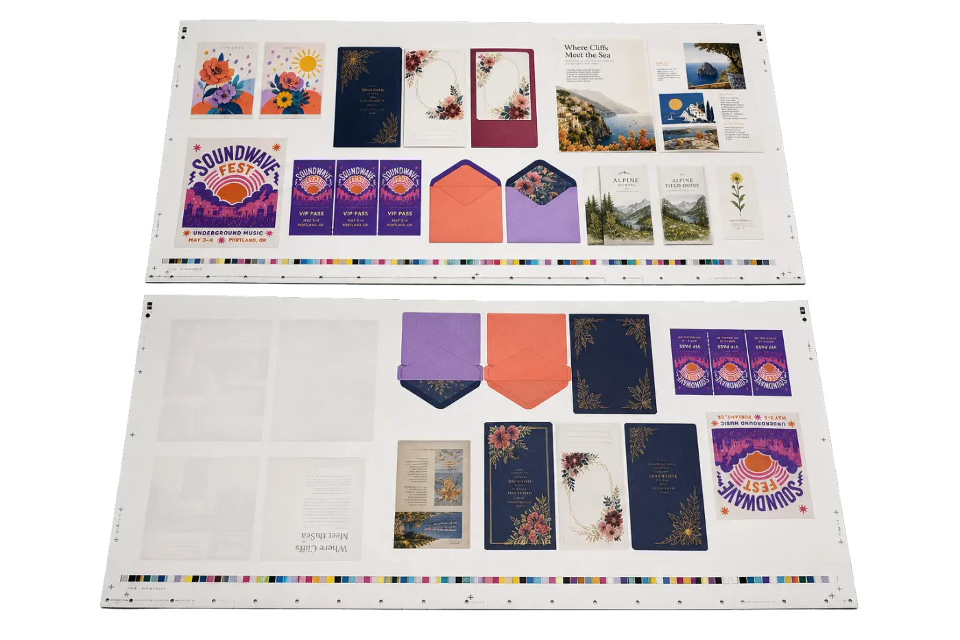 Work-and-Tumble Gang Sheet finished print product beside its press-ready imposed sheet