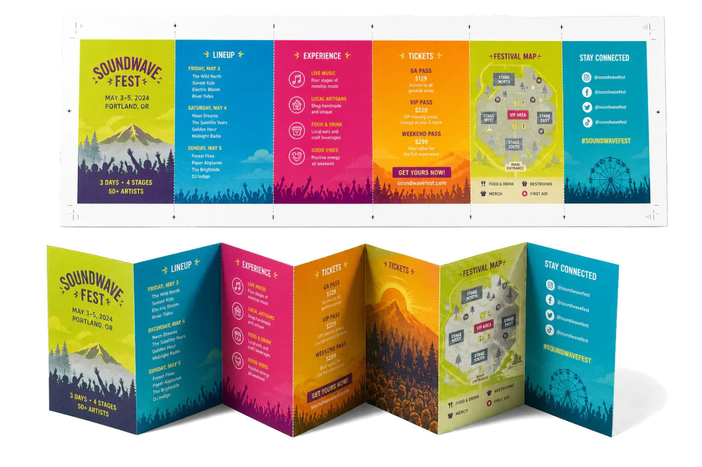 Z-Fold Accordion (6-Panel, Tabloid) finished print product beside its press-ready imposed sheet